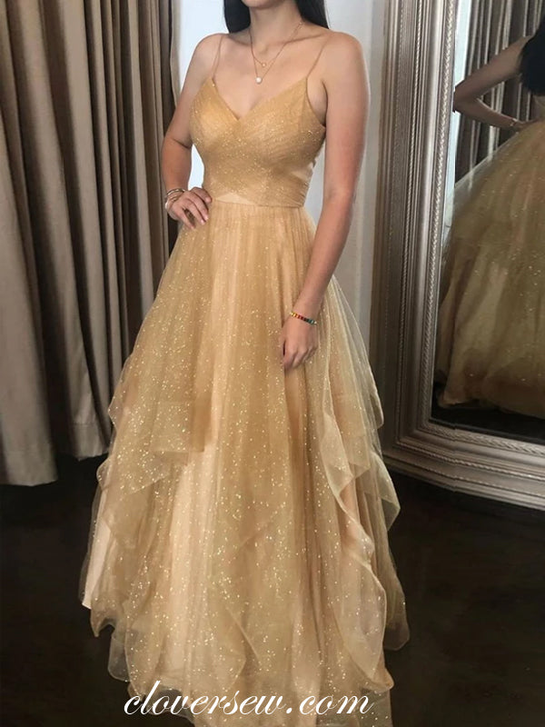 Gold Shiny Tulle Spaghetti Strap V-neck A-line Prom Dresses,CP0242