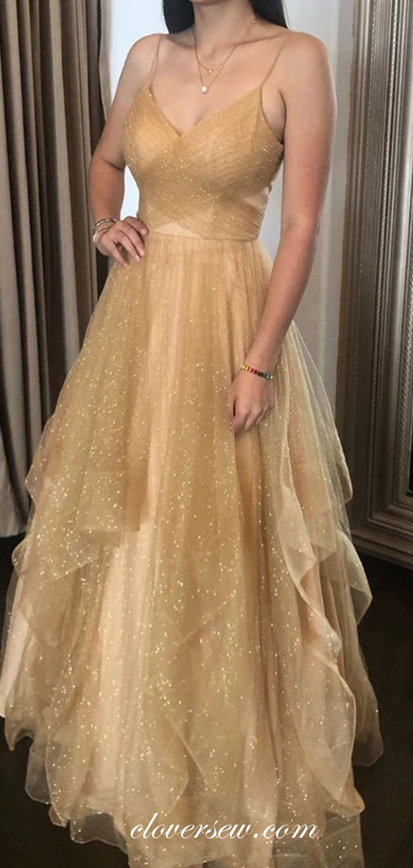 Gold Shiny Tulle Spaghetti Strap V-neck A-line Prom Dresses,CP0242