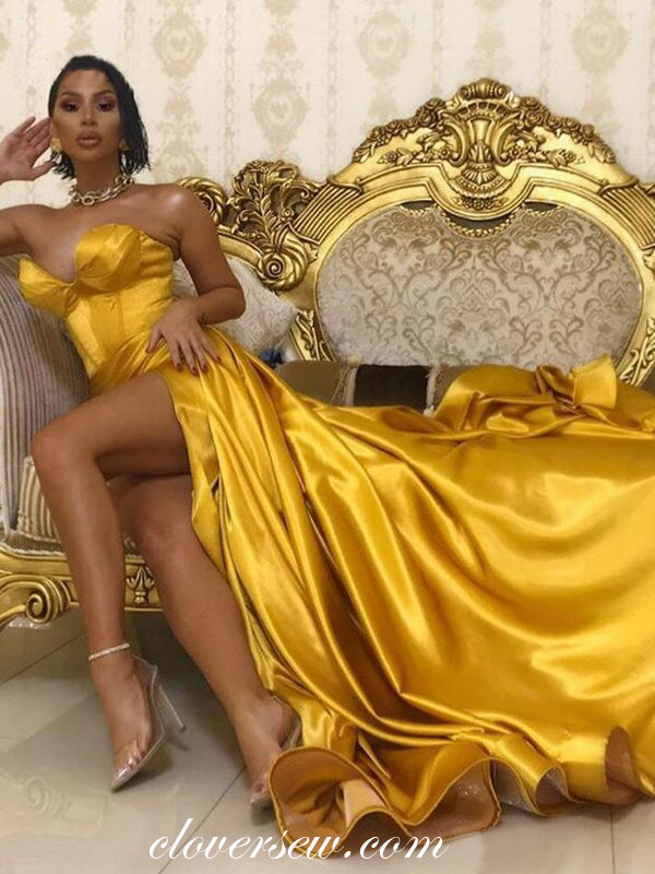 Gold Sweetheart Strapless High Slit Sheath Formal Dresses,CP0447