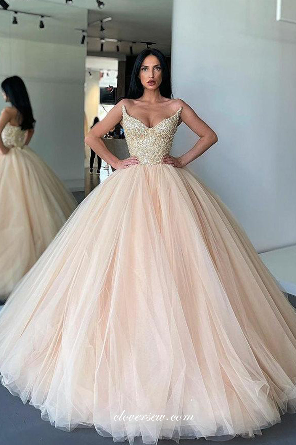 Gorgeous Beaded Strapless Champagne Tulle Ball Gown Princess Dresses, CP0761