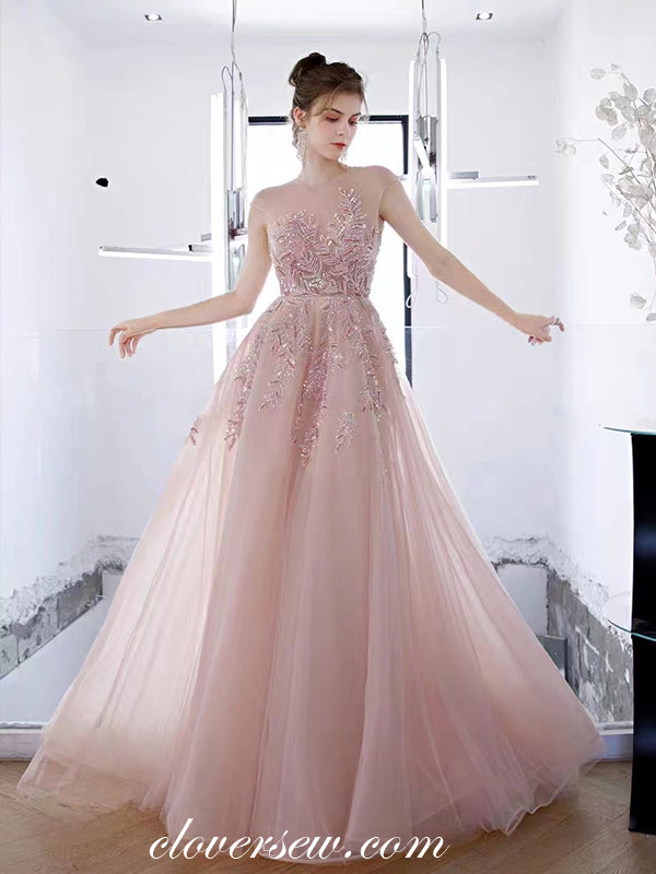 Gorgeous Beading Applique Pink Tulle Cap Sleeves A-line Prom Dresses,CP0975