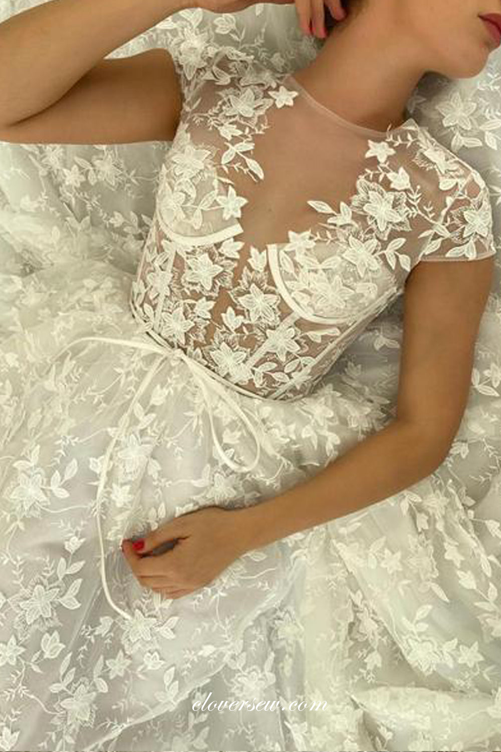 Gorgeous Lace Short Sleeve Illusion Top A-line Wedding Dresses CW0268
