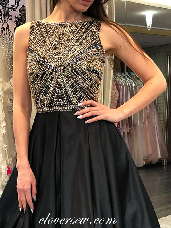 Gorgeous Beads Black Satin Seeveless Open Back Prom Dresses, CP0029