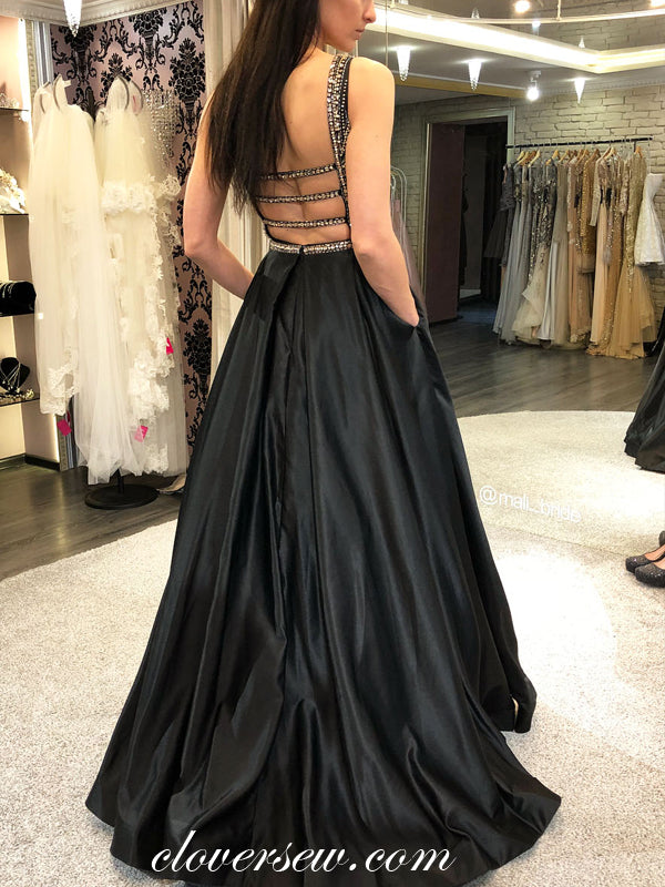 Gorgeous Beads Black Satin Seeveless Open Back Prom Dresses, CP0029