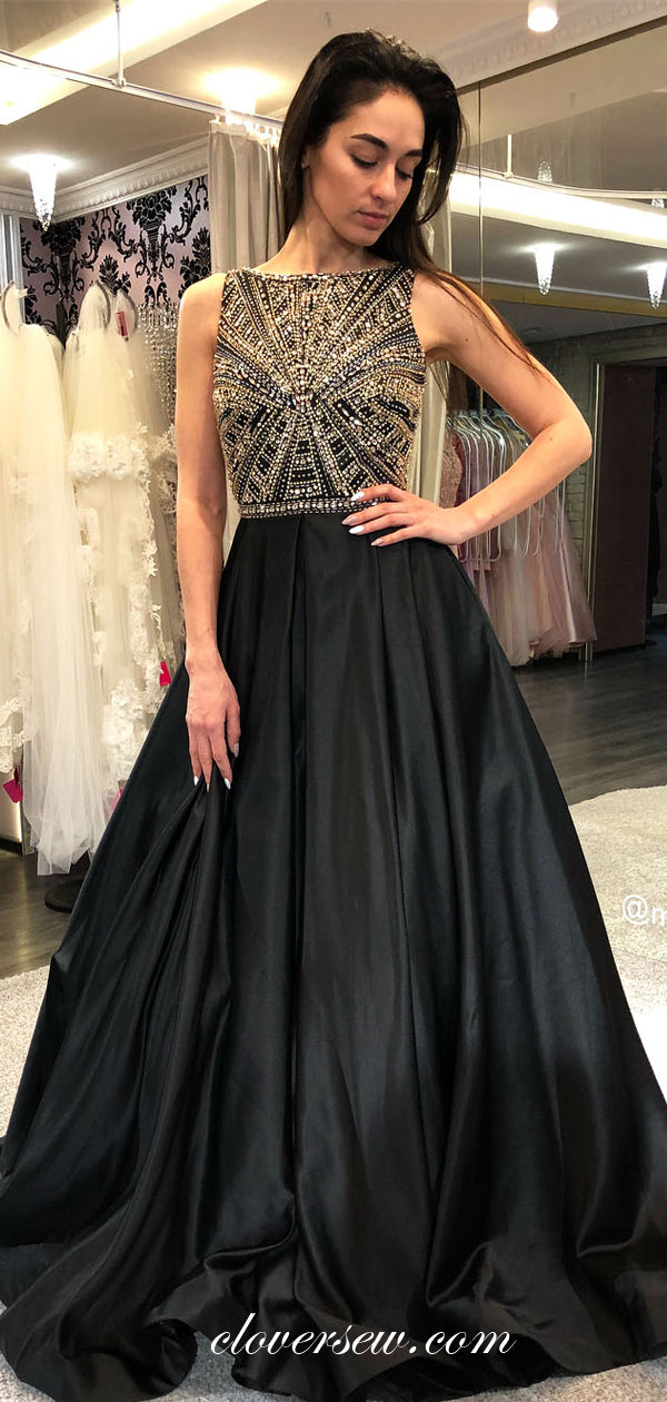 Gorgeous Beads Black Satin Seeveless Open Back Prom Dresses, CP0029