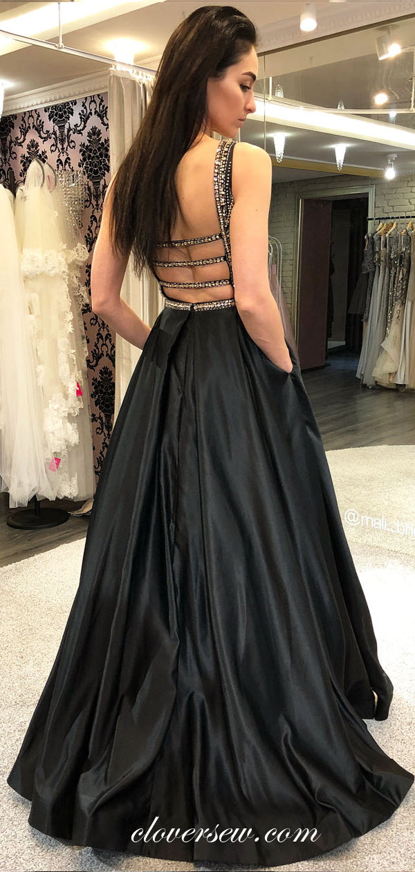Gorgeous Beads Black Satin Seeveless Open Back Prom Dresses, CP0029