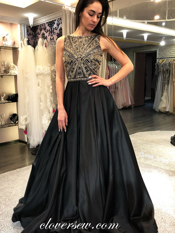 Gorgeous Beads Black Satin Seeveless Open Back Prom Dresses, CP0029