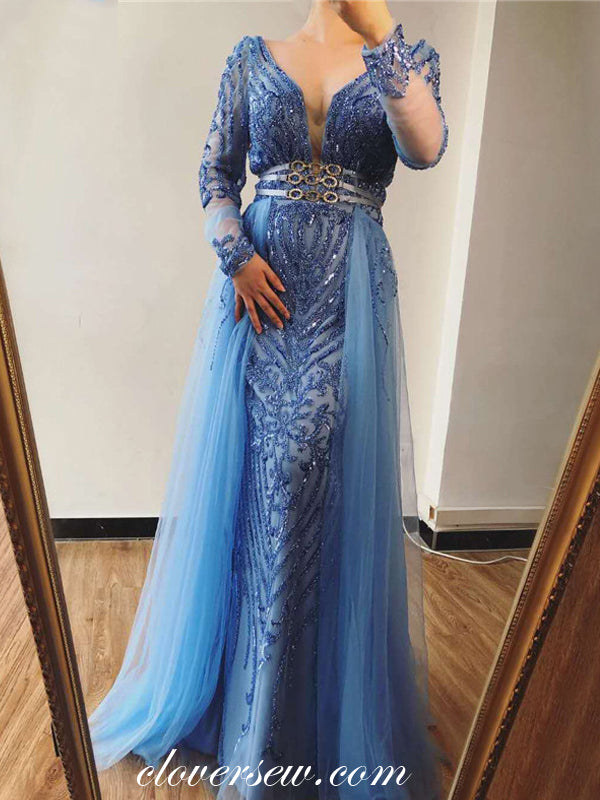 Gorgeous Blue Tulle Bead Applique Long Sleeves Sheath Formal Dresses, CP0179