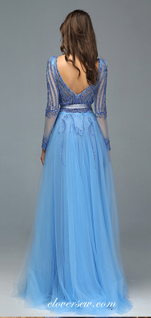 Gorgeous Blue Tulle Bead Applique Long Sleeves Sheath Formal Dresses, CP0179
