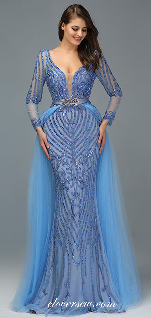 Gorgeous Blue Tulle Bead Applique Long Sleeves Sheath Formal Dresses, CP0179