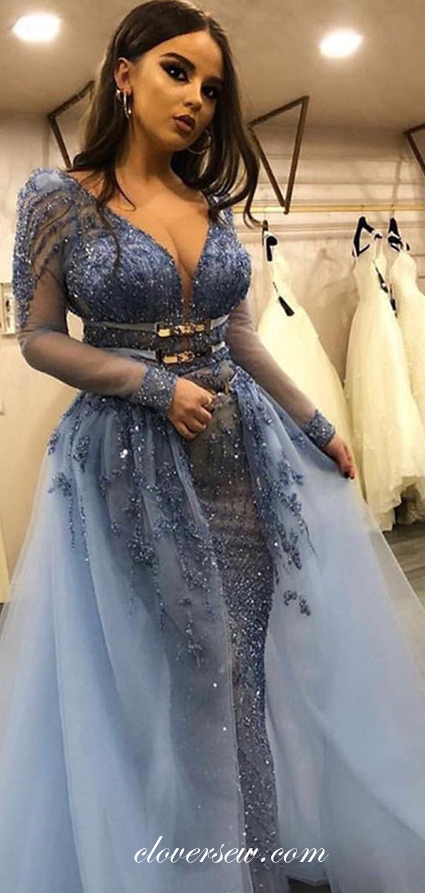 Gorgeous Blue Tulle Bead Applique Long Sleeves Sheath Formal Dresses, CP0179