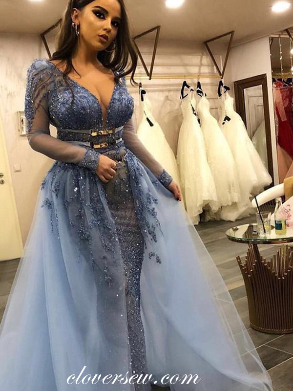 Gorgeous Blue Tulle Bead Applique Long Sleeves Sheath Formal Dresses, CP0179