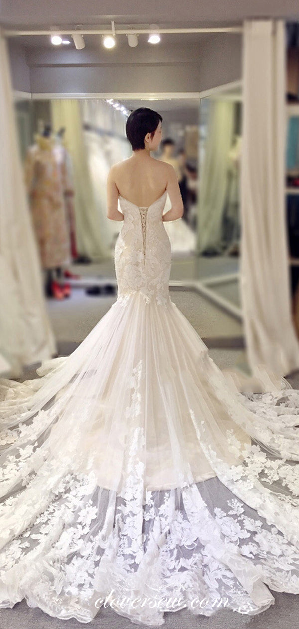 Gorgeous Floral Lace Sweetheart Strapless Mermaid Lace Up Back Wedding Dresses , CW0067
