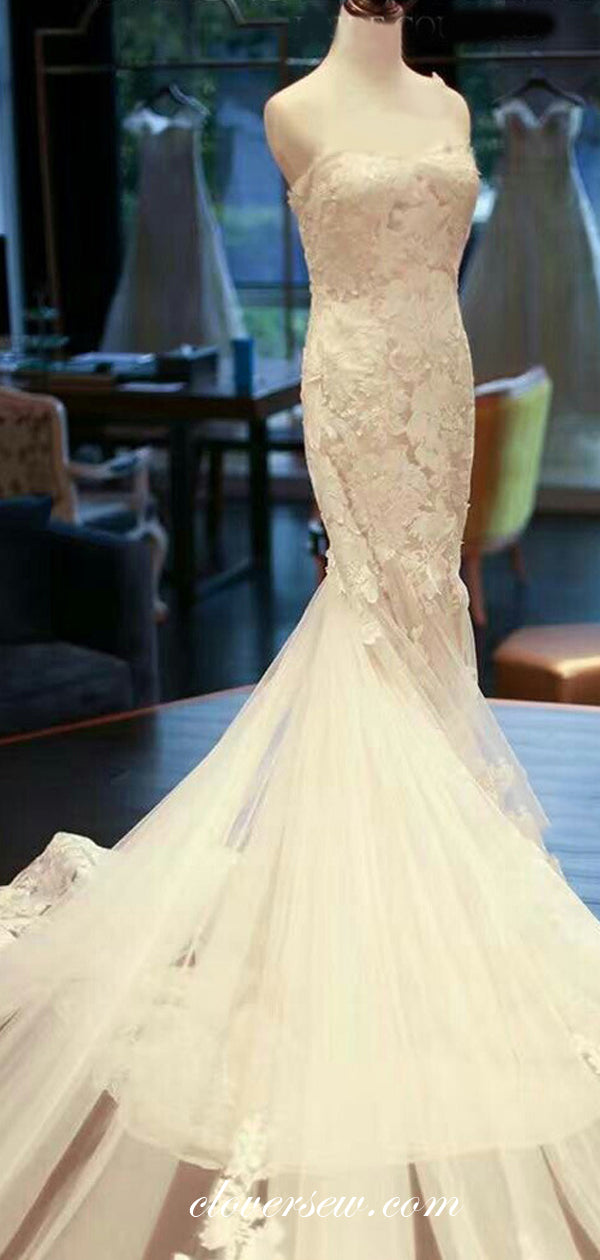 Gorgeous Floral Lace Sweetheart Strapless Mermaid Lace Up Back Wedding Dresses , CW0067