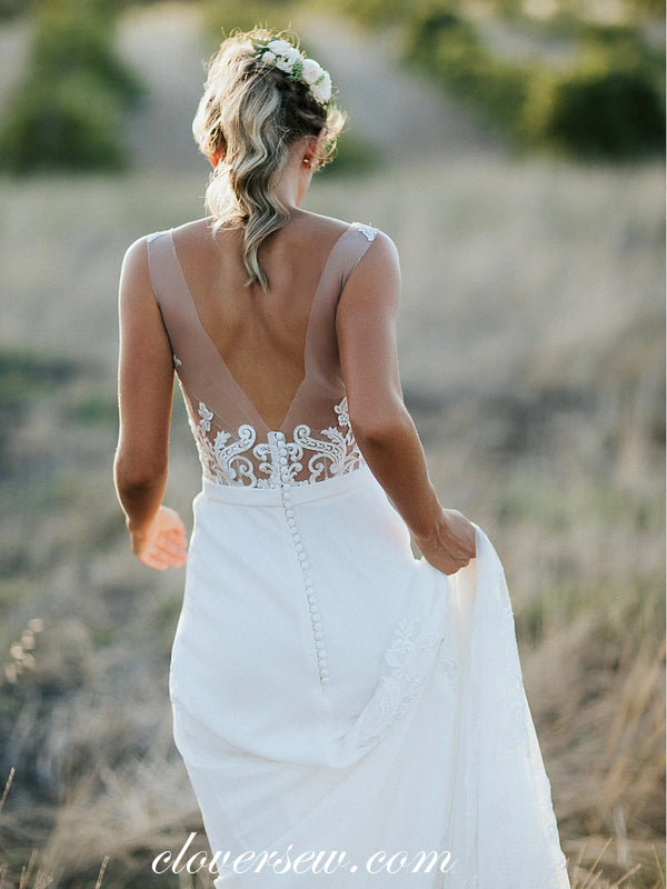 lace applique wedding dress Gorgeous Lace Applique Illusion V-back Sheath With Train Wedding Dresses, CW0003 US0 / As Pic