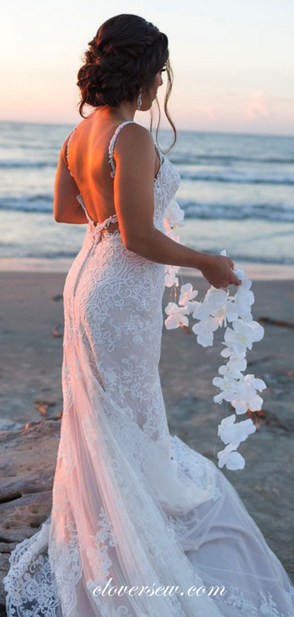 Gorgeous Lace Beaded Strap Column With Train Wedding Dresses, CW0016