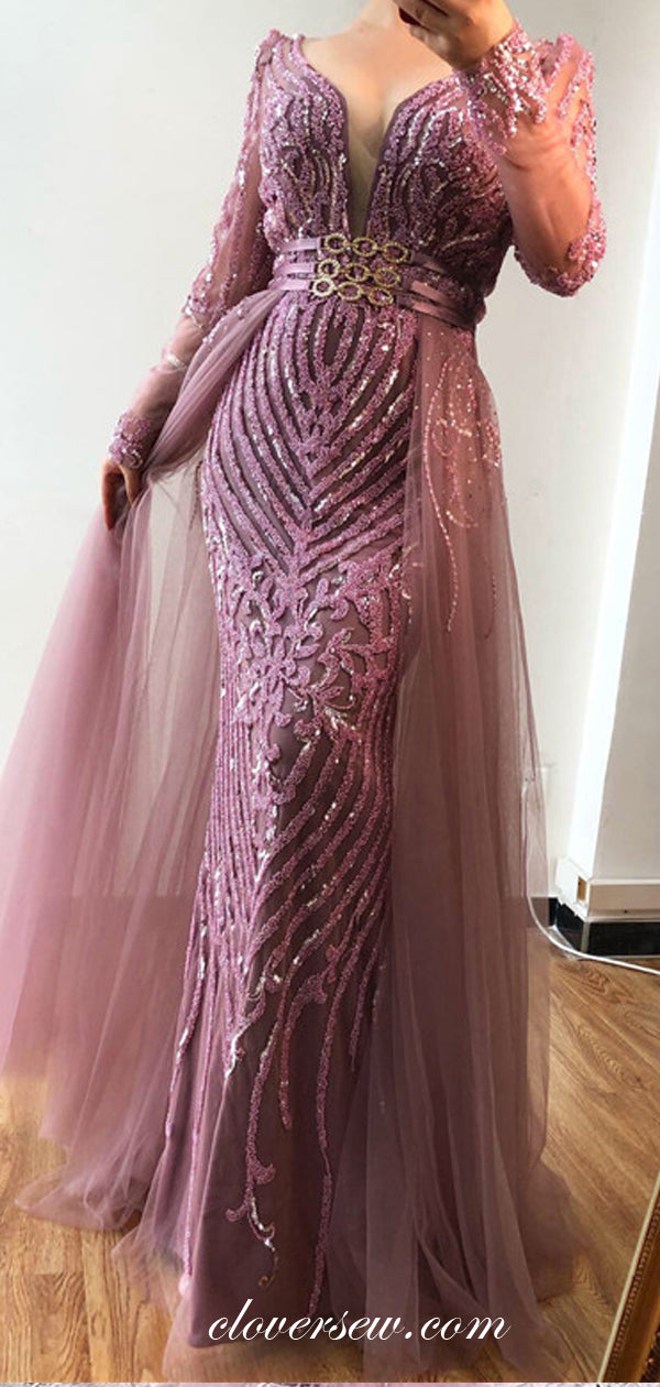 Gorgeous Tulle Bead Applique Long Sleeves Sheath Formal Dresses, CP0184
