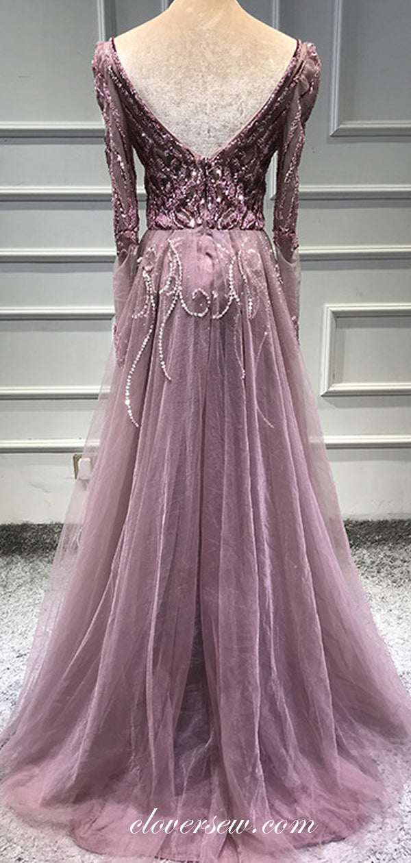 Gorgeous Tulle Bead Applique Long Sleeves Sheath Formal Dresses, CP0184