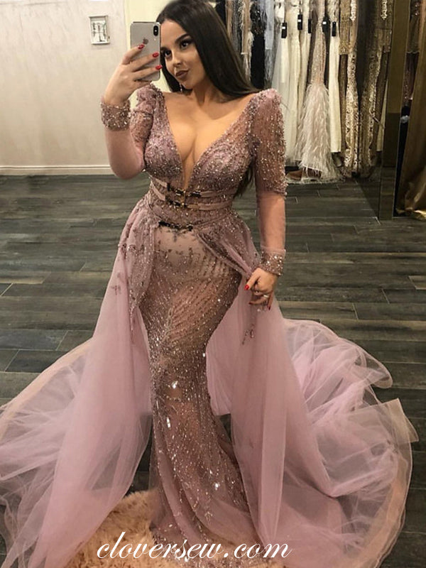 Gorgeous Tulle Bead Applique Long Sleeves Sheath Formal Dresses, CP0184