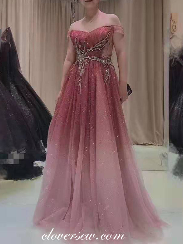 Gradient Red Sequin Tulle Off The Shoulder Rhinestone Applique Prom Dresses ,CP0169