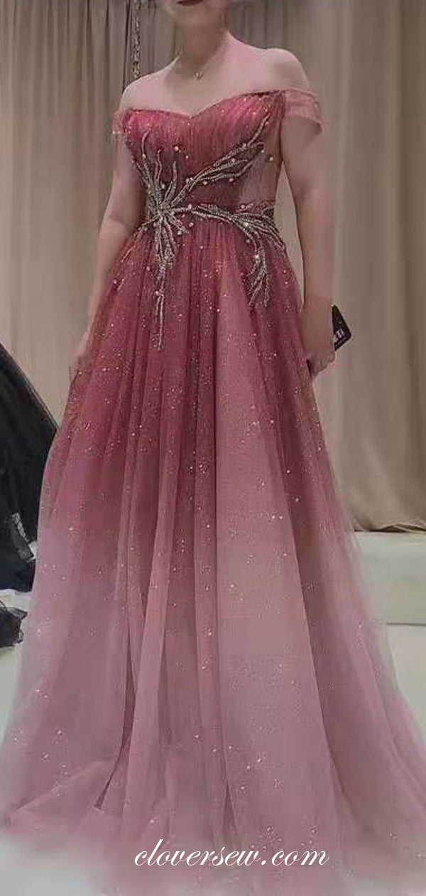 Gradient Red Sequin Tulle Off The Shoulder Rhinestone Applique Prom Dresses ,CP0169