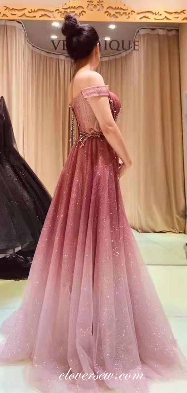 Gradient Red Sequin Tulle Off The Shoulder Rhinestone Applique Prom Dresses ,CP0169