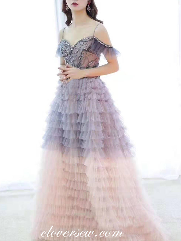 Gradient Ruffles Tulle Off The Shoulder A-line Prom Dresses ,CP0166