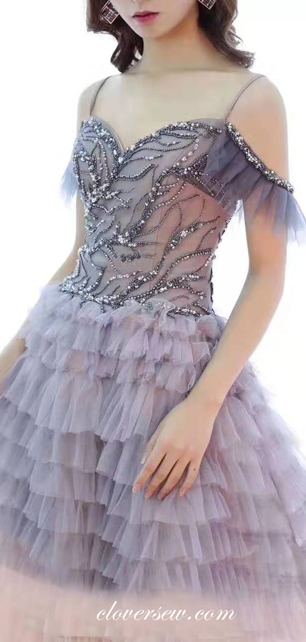 Gradient Ruffles Tulle Off The Shoulder A-line Prom Dresses ,CP0166