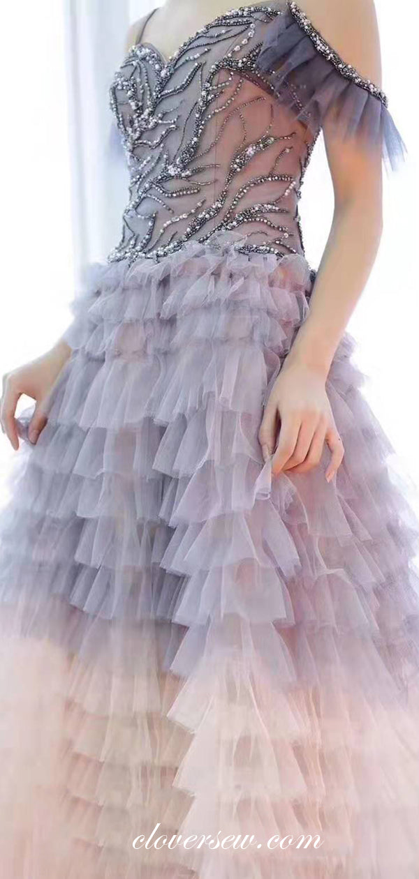Gradient Ruffles Tulle Off The Shoulder A-line Prom Dresses ,CP0166
