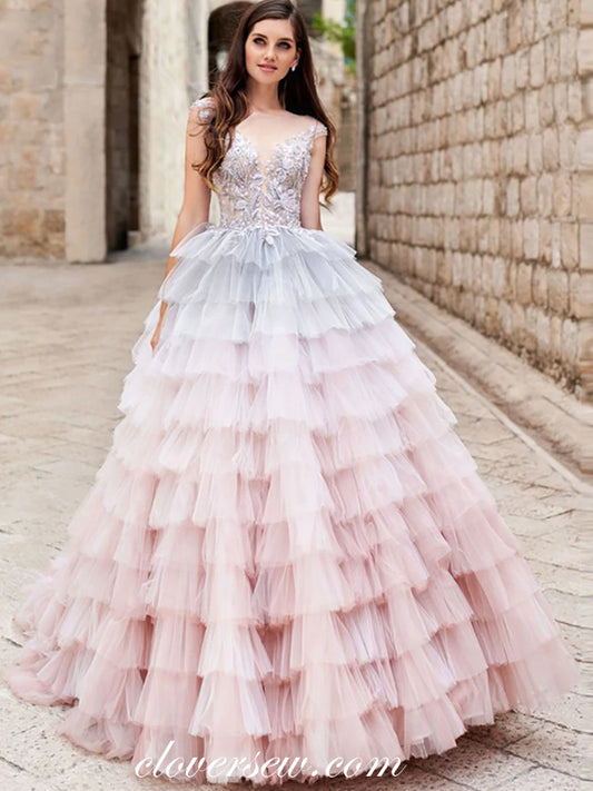 Gradient Ruffles Tulle Tiered Ball Gown Prom Dresses,CP0418