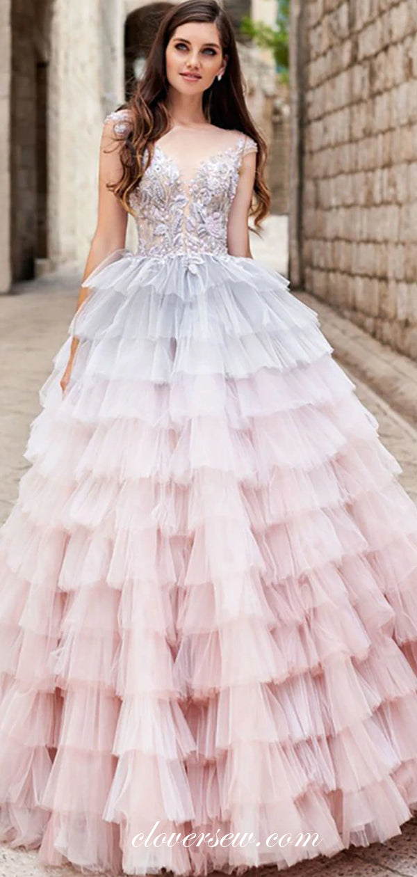 Gradient Ruffles Tulle Tiered Ball Gown Prom Dresses,CP0418