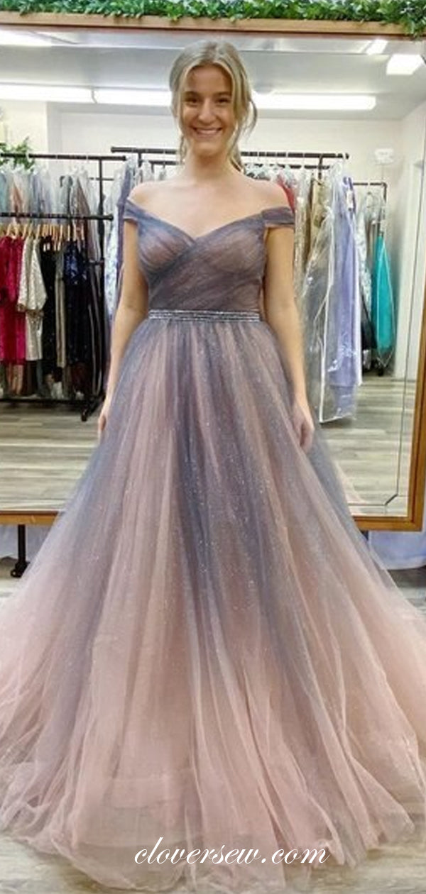 Gradient Shiny Tulle Off The Shoulder A-line Prom Dresses,CP0398