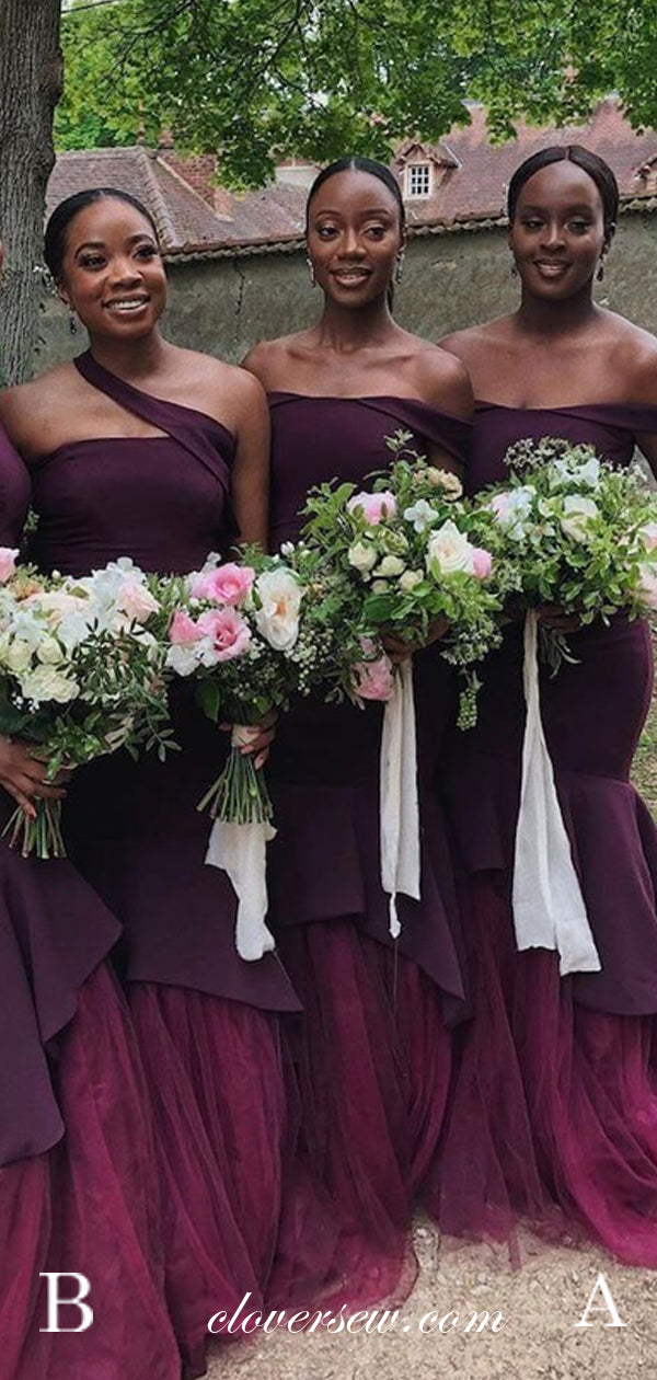 Grape Mismatched Shoulder Mermaid Long Bridesmaid Dresses, CB0216 US4 / As Pic / B