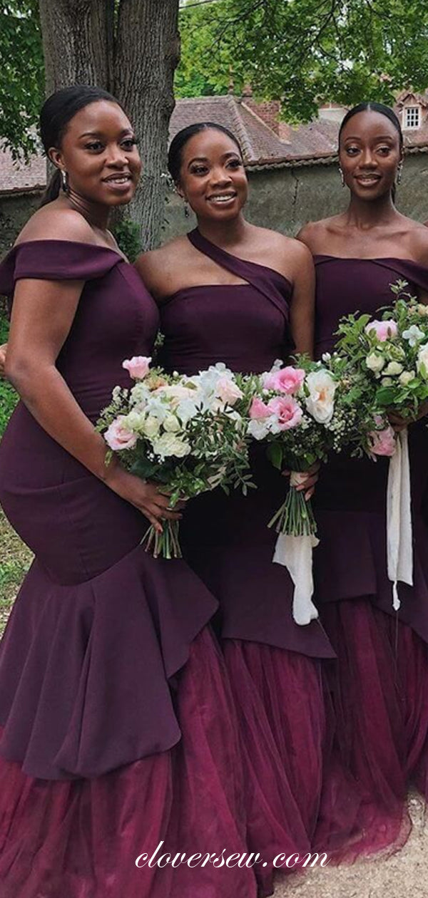 Navy Mulberry Bridesmaid Dresses Grape Mismatched Shoulder Mermaid Long Bridesmaid Dresses, CB0216 Clover Sew Navy Mulberry Bridesmaid Dresses Grape Mismatched Shoulder Mermaid Long Bridesmaid Dresses, CB0216 Clover Sew