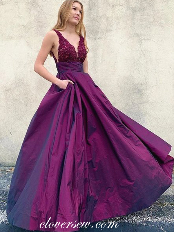 Grape Satin Lace Sleeveless V-neck A-line Prom Dresses, CP0528