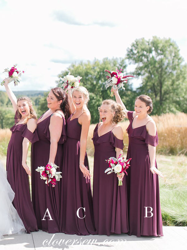 Grape Chiffon Spaghetti Strap Mismatched A-line Long Bridesmaid Dresses, CB0034