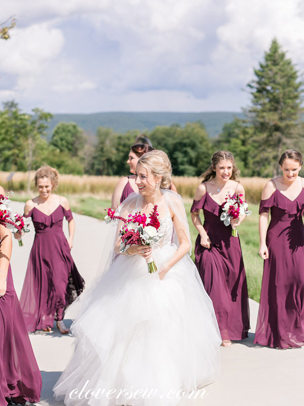 Grape Chiffon Spaghetti Strap Mismatched A-line Long Bridesmaid Dresses, CB0034