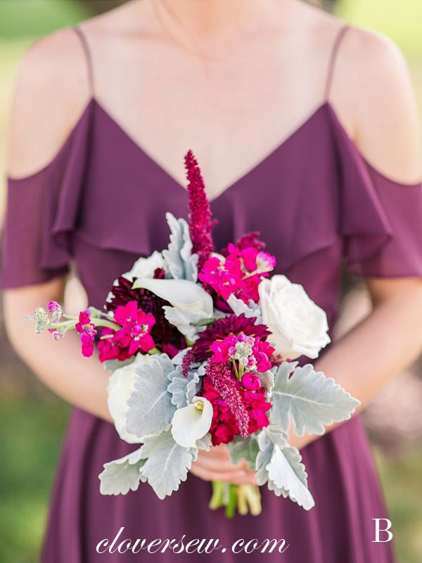 Grape Chiffon Spaghetti Strap Mismatched A-line Long Bridesmaid Dresses, CB0034