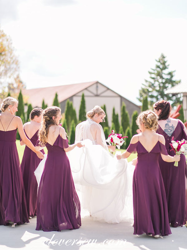 Grape Chiffon Spaghetti Strap Mismatched A-line Long Bridesmaid Dresses, CB0034