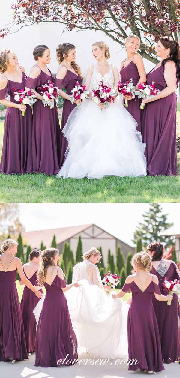 Grape Chiffon Spaghetti Strap Mismatched A-line Long Bridesmaid Dresses, CB0034