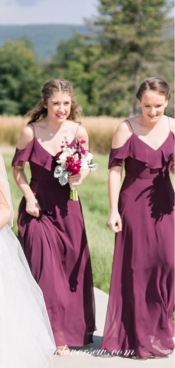 Grape Chiffon Spaghetti Strap Mismatched A-line Long Bridesmaid Dresses, CB0034