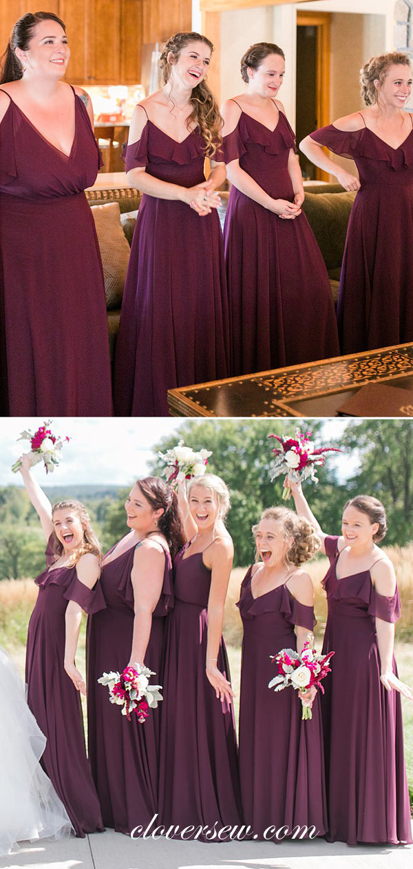 Grape Chiffon Spaghetti Strap Mismatched A-line Long Bridesmaid Dresses, CB0034