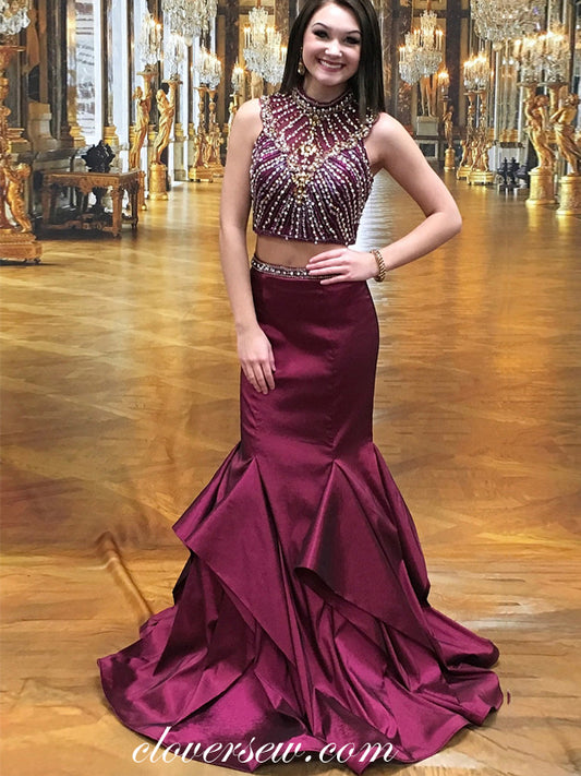 Grape Elastic Satin Rhinestone Bead Two Piece Mermaid Prom Dresses, CP0077