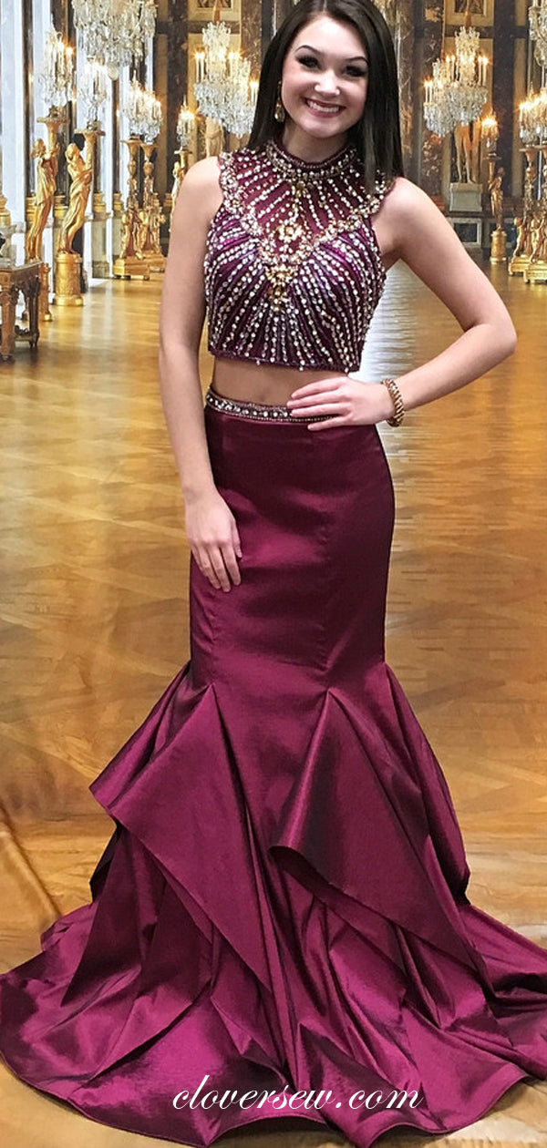 Grape Elastic Satin Rhinestone Bead Two Piece Mermaid Prom Dresses, CP0077