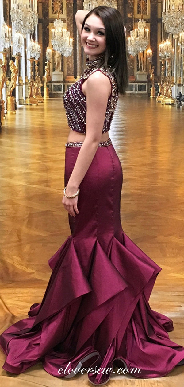 Grape Elastic Satin Rhinestone Bead Two Piece Mermaid Prom Dresses, CP0077