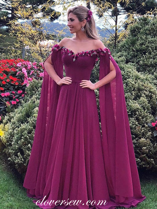 Grape Purple Chiffon Long Sleeves Off The Shoulder A-line Prom Dresses,CP0315