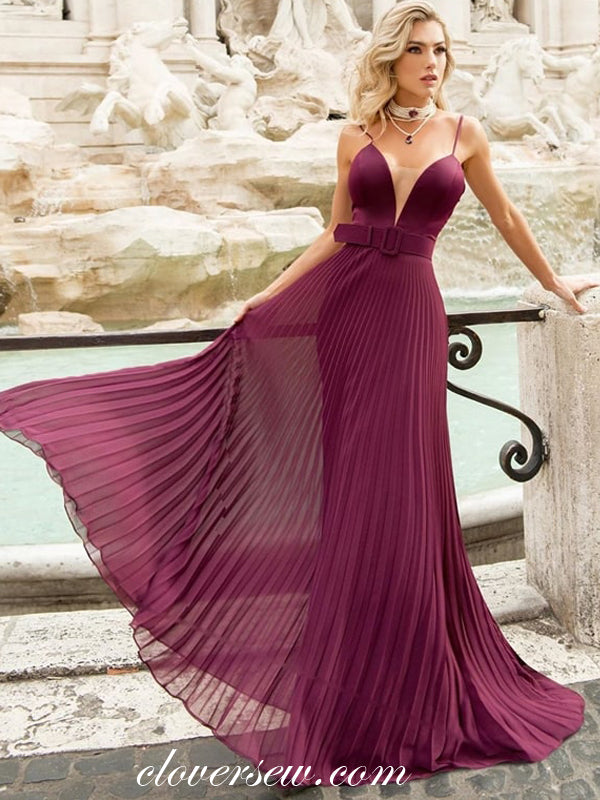 Grape Satin Pleat Chiffon Spaghetti Strap Prom Dresses,CP0309