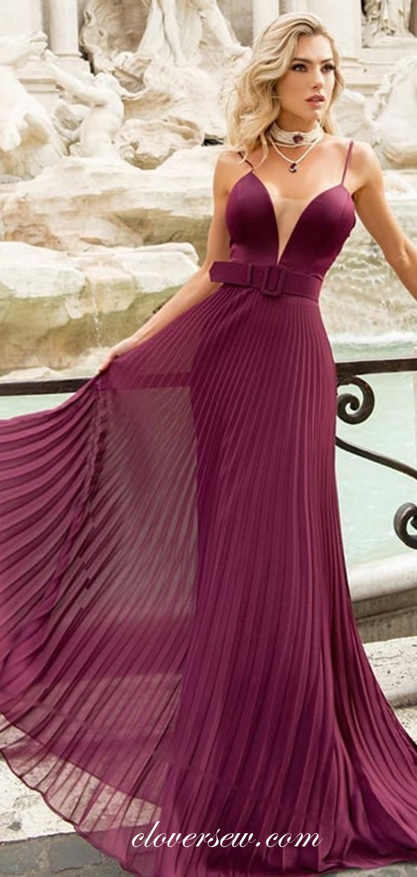 Grape Satin Pleat Chiffon Spaghetti Strap Prom Dresses,CP0309