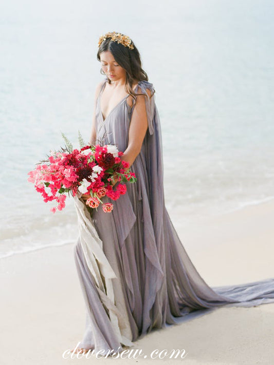 Gray Chiffon V-neck Sleeveless With Train Beach Wedding Dresses,CW0166