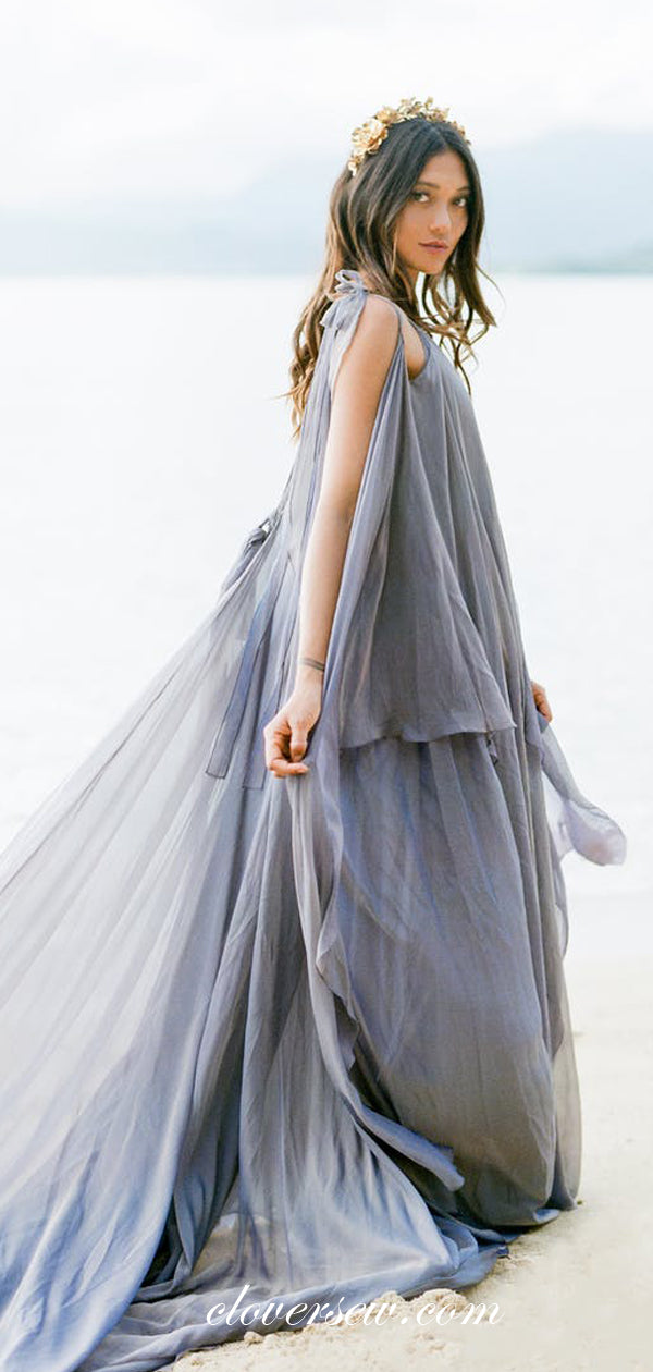 Gray Chiffon V-neck Sleeveless With Train Beach Wedding Dresses,CW0166